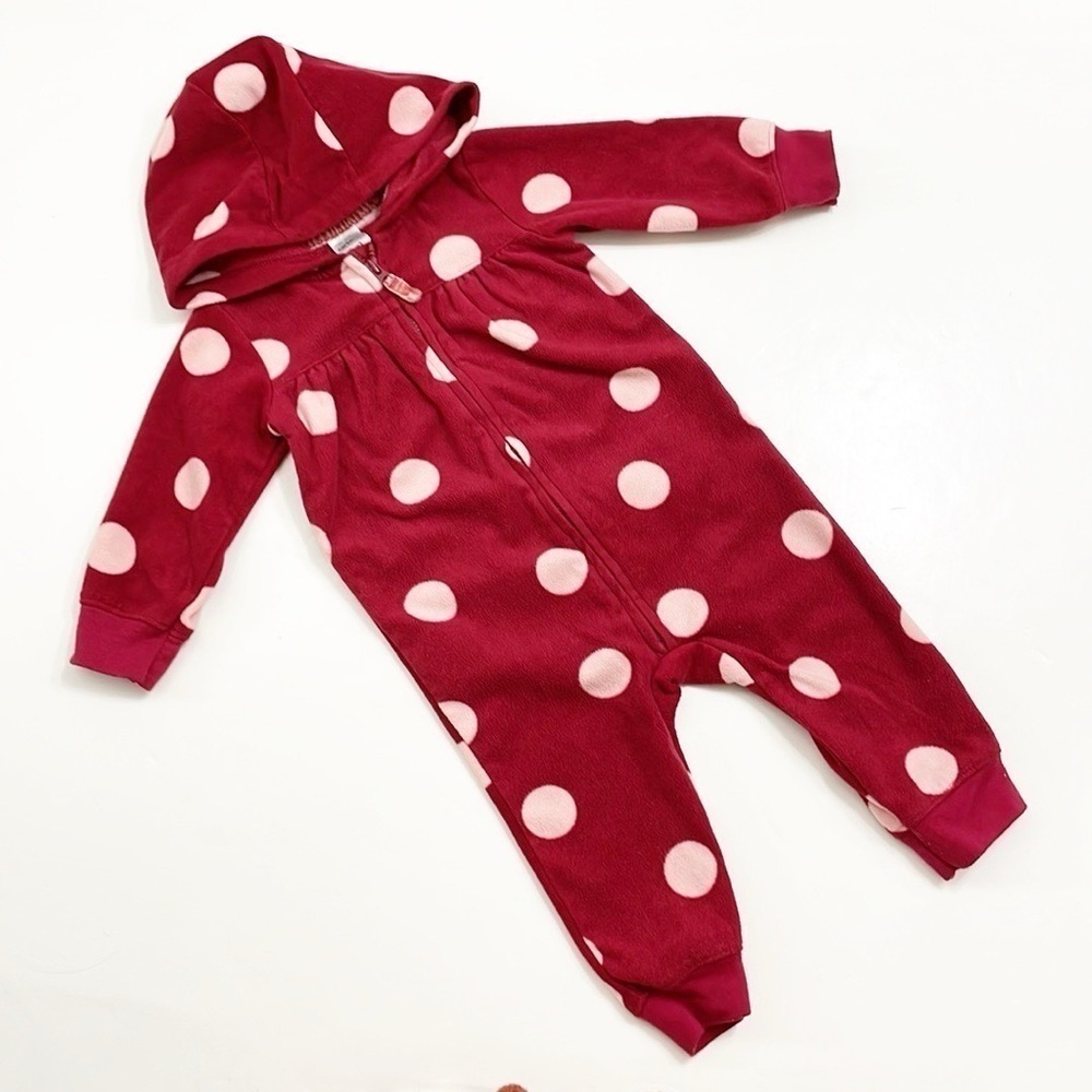Carter's baby girls polkadot print fleece zip up jumpsuit with hood